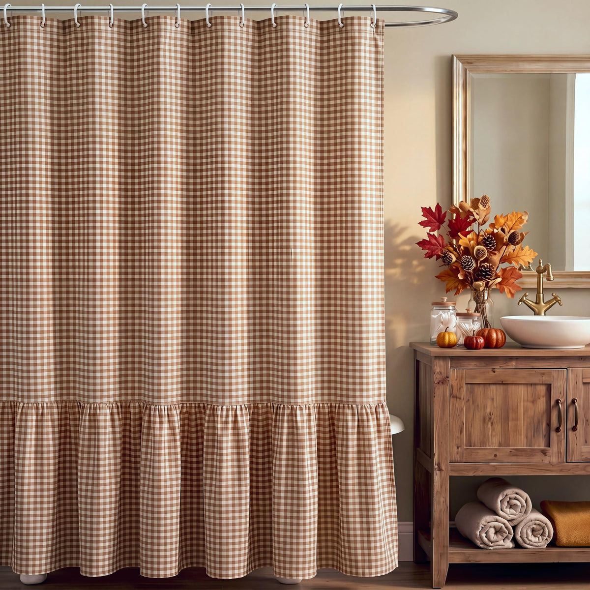 HunnmingRe Ruffle Hem Gingham Shower Curtain Taupe