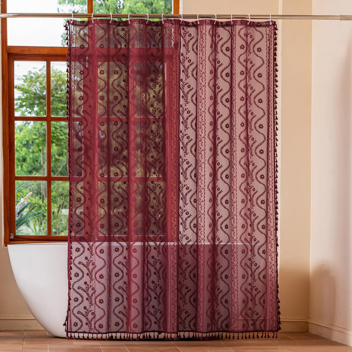 WAZZIO Dark Sage Green Lace Shower Curtain,Boho Chic Style,72 x 72 in