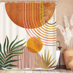 KOMLLEX Mid Century Green Boho Shower Curtain, Abstract Modern Shower Curtains for Bathroom, Plant Botanical Minimalist Leaf Arch Sun Fabric Liner Waterproof Polyester 12 Pack Hooks 60Wx72L Inches