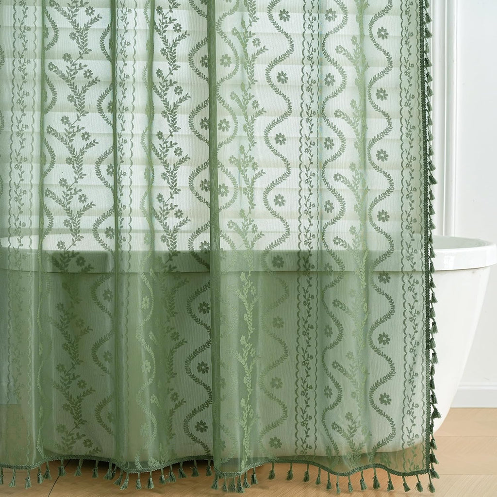 WAZZIO Dark Sage Green Lace Shower Curtain,Boho Chic Style,72 x 72 in