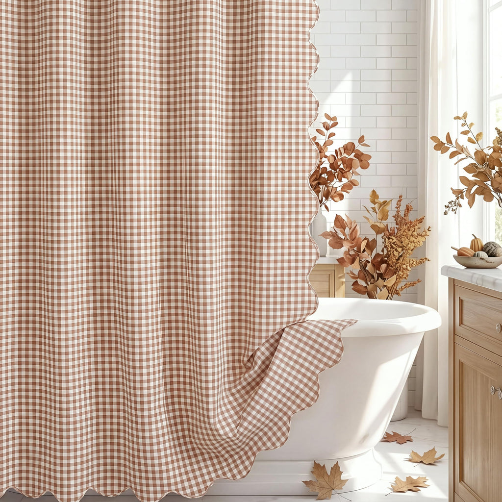HunnmingRe Ruffle Hem Gingham Shower Curtain Taupe
