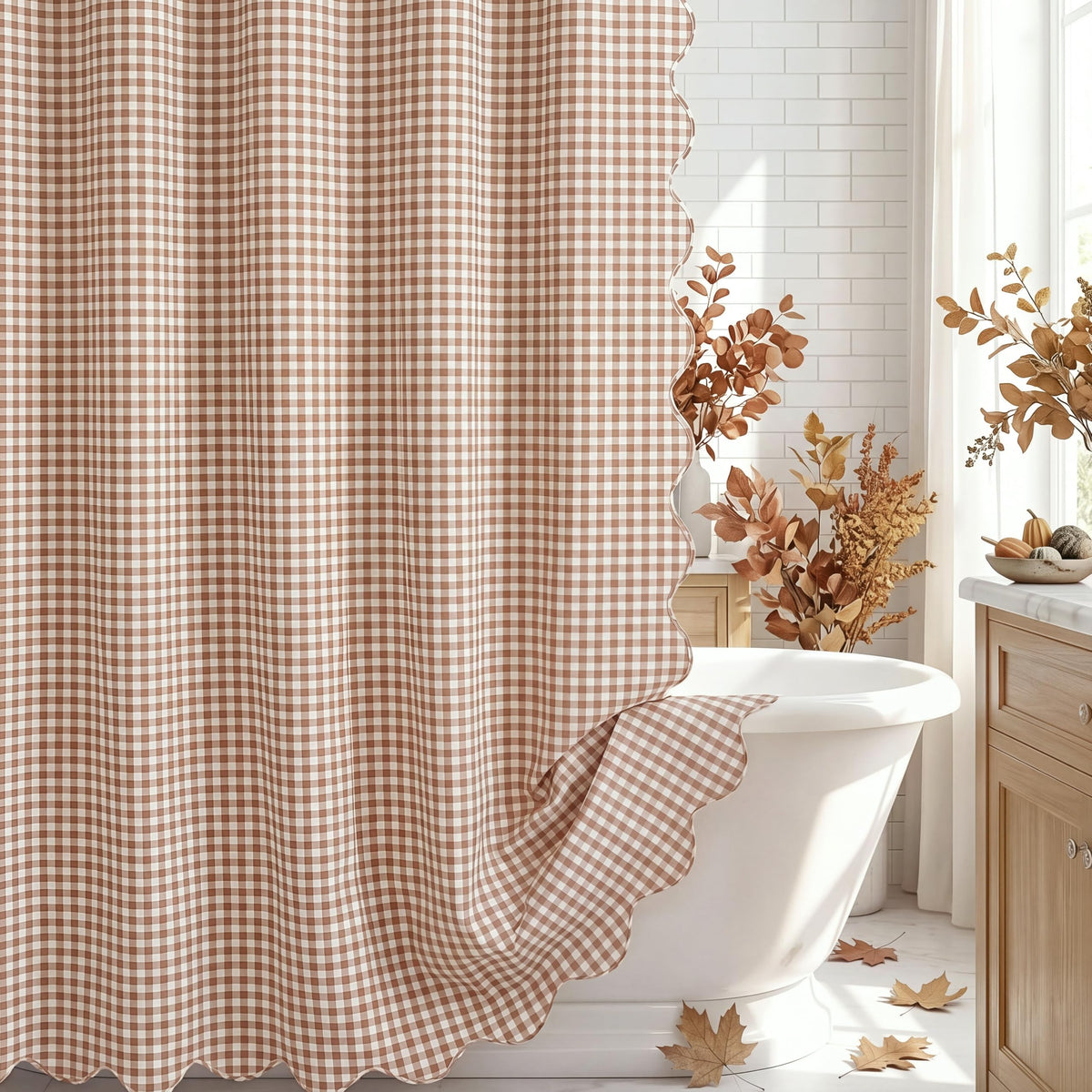 HunnmingRe Ruffle Hem Gingham Shower Curtain Taupe