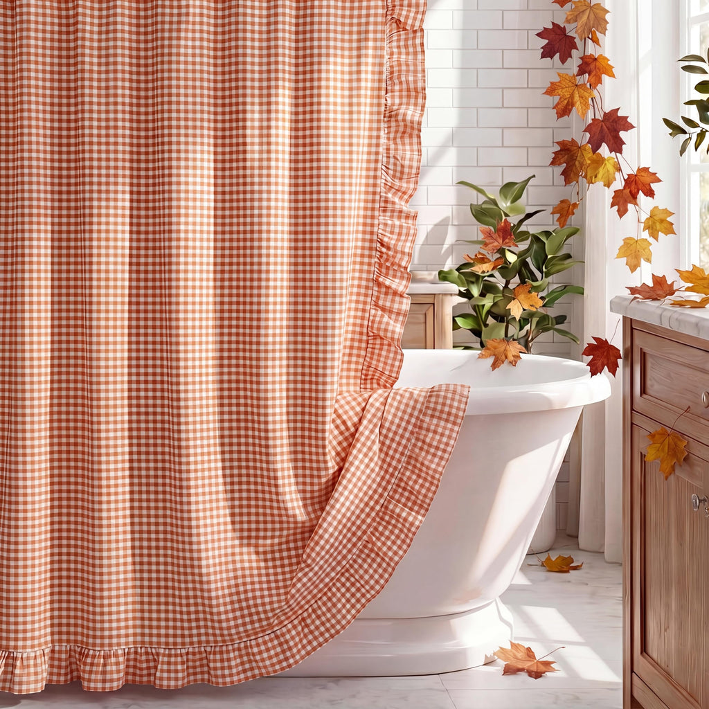 HunnmingRe Ruffle Hem Gingham Shower Curtain Taupe