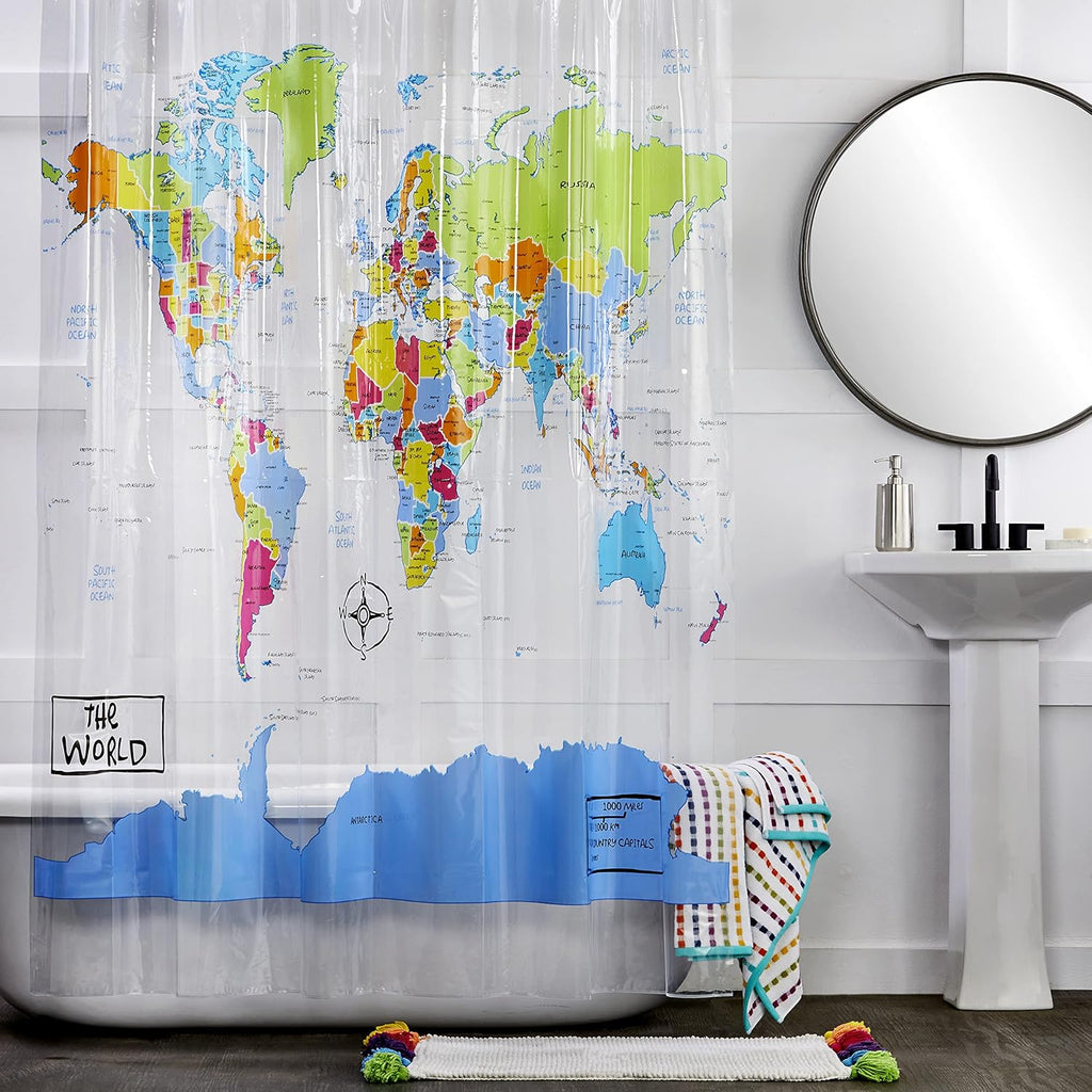 SKL Home The World Map Waterproof PEVA Shower Curtain, Clear/Multi