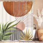 KOMLLEX Mid Century Green Boho Shower Curtain, Abstract Modern Shower Curtains for Bathroom, Plant Botanical Minimalist Leaf Arch Sun Fabric Liner Waterproof Polyester 12 Pack Hooks 60Wx72L Inches