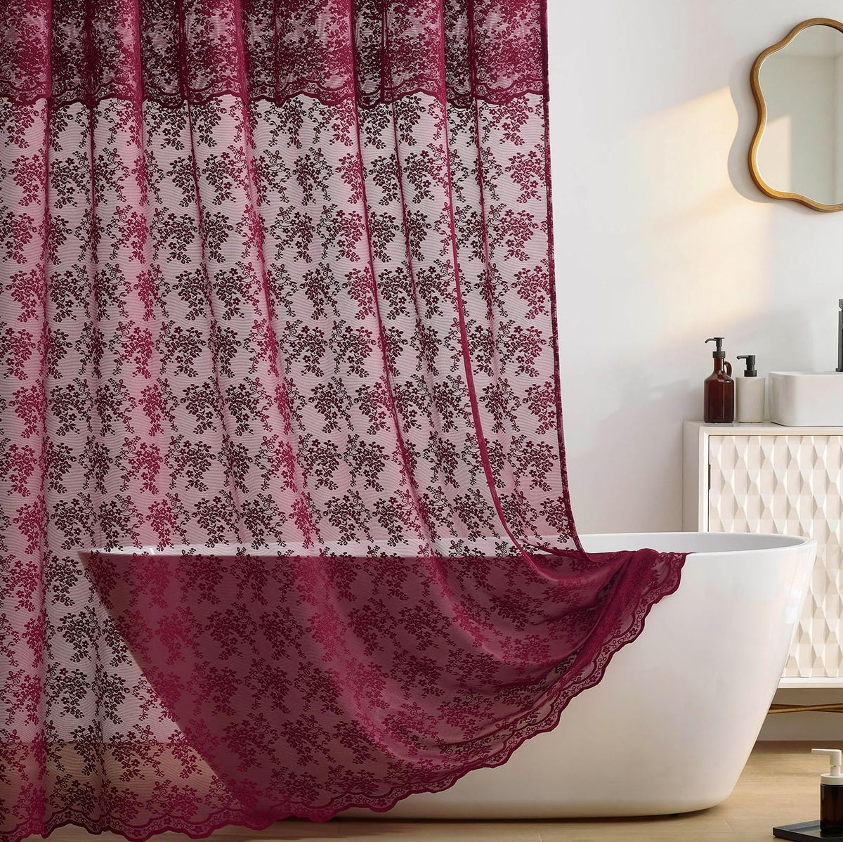 TUDECO Lace Brown Shower Curtain with Attached Valance, 72 x 72 Inch