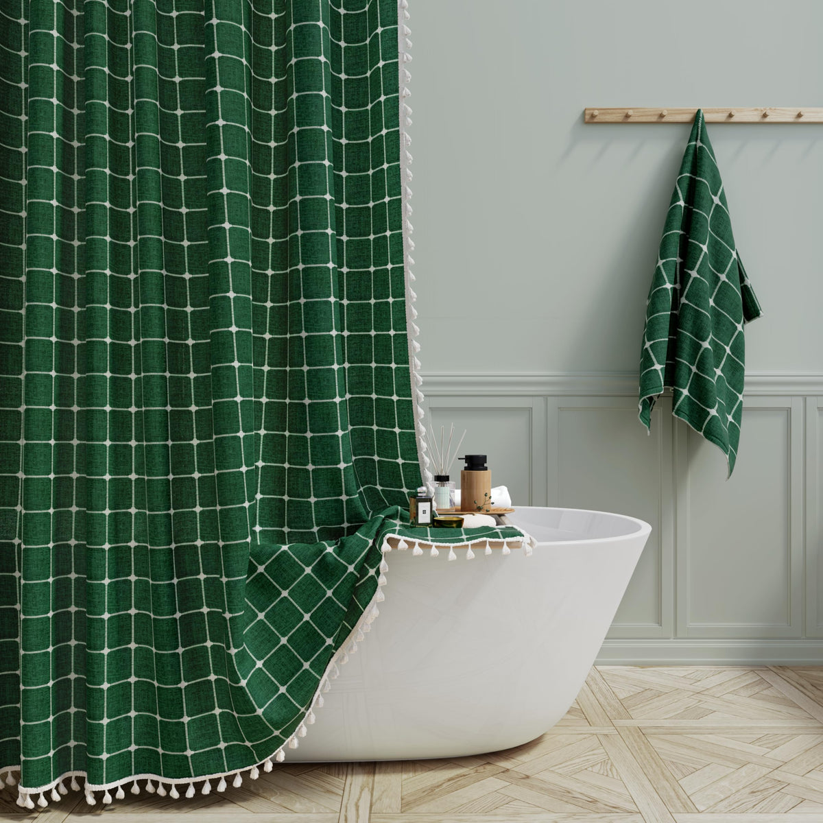 BTTN Sage Green Boho Farmhouse Linen Heavy Duty Shower Curtain Set, 72x72