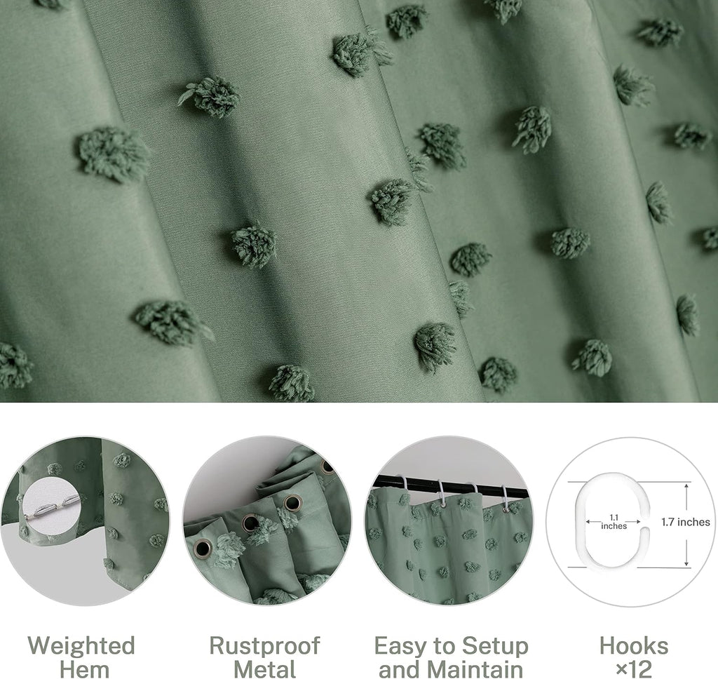 Extra Long Green Boho Shower Curtain Woven Fabric Cute 84 Inch Shower Curtain, 72 x 84 Tufted Pleat Floral Puffs Textured Modern Farmhouse Minimalist Shower Curtain Set with Hooks for Bathroom