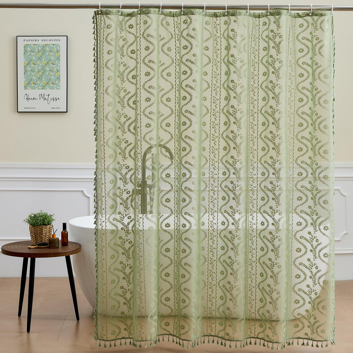 WAZZIO Dark Sage Green Lace Shower Curtain,Boho Chic Style,72 x 72 in