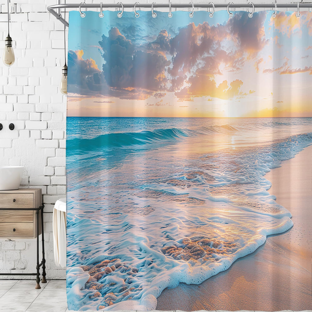 Ocean Beach Coastal Nautical Summer Sunset Shower Curtain for Bathroom 72W*72H Inch Seaside Seacoast Beachy Waves Bathtub Decor Seascape Neutral Cool Waterproof Polyester Fabric Set with 12 Hooks