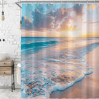 Ocean Beach Coastal Nautical Summer Sunset Shower Curtain for Bathroom 72W*72H Inch Seaside Seacoast Beachy Waves Bathtub Decor Seascape Neutral Cool Waterproof Polyester Fabric Set with 12 Hooks