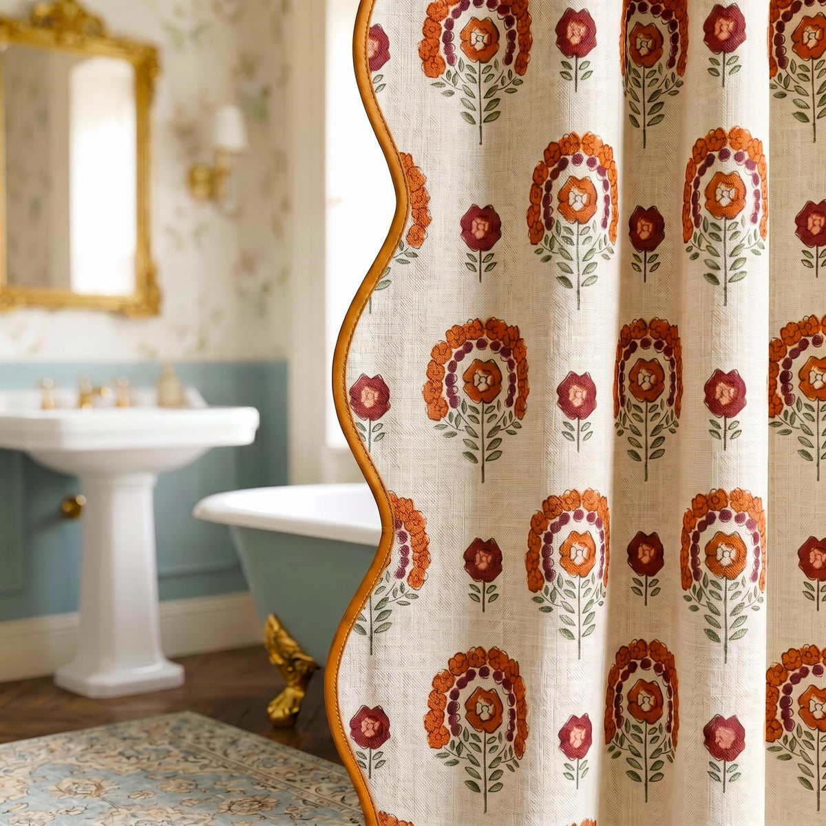 Boomkin Block Print Scalloped Shower Curtain Set with 12 Hooks
