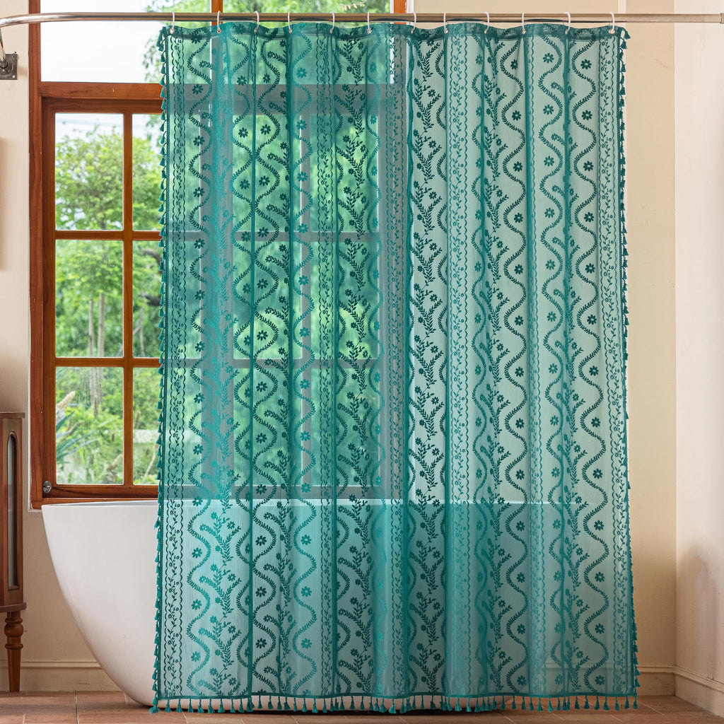 WAZZIO Dark Sage Green Lace Shower Curtain,Boho Chic Style,72 x 72 in