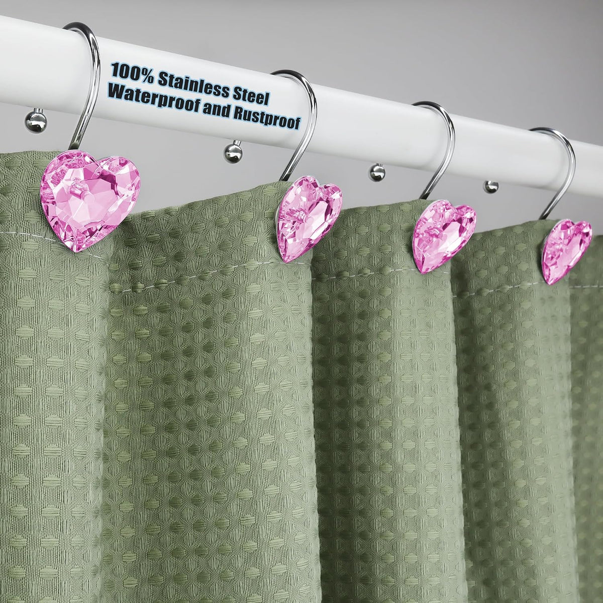 Shower Curtain Hooks Rings for Bathroom, 12PCS Valentines Day Heart Stainless Steel Rust Resistant Decorative Rhinestones Shower Curtain Rings Hangers for Shower Curtains, Clothing, etc.