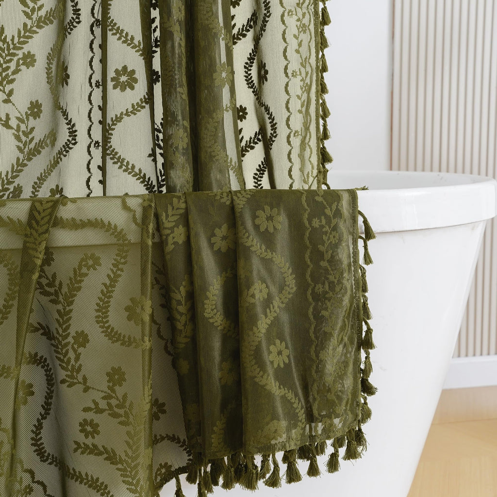 WAZZIO Dark Sage Green Lace Shower Curtain,Boho Chic Style,72 x 72 in