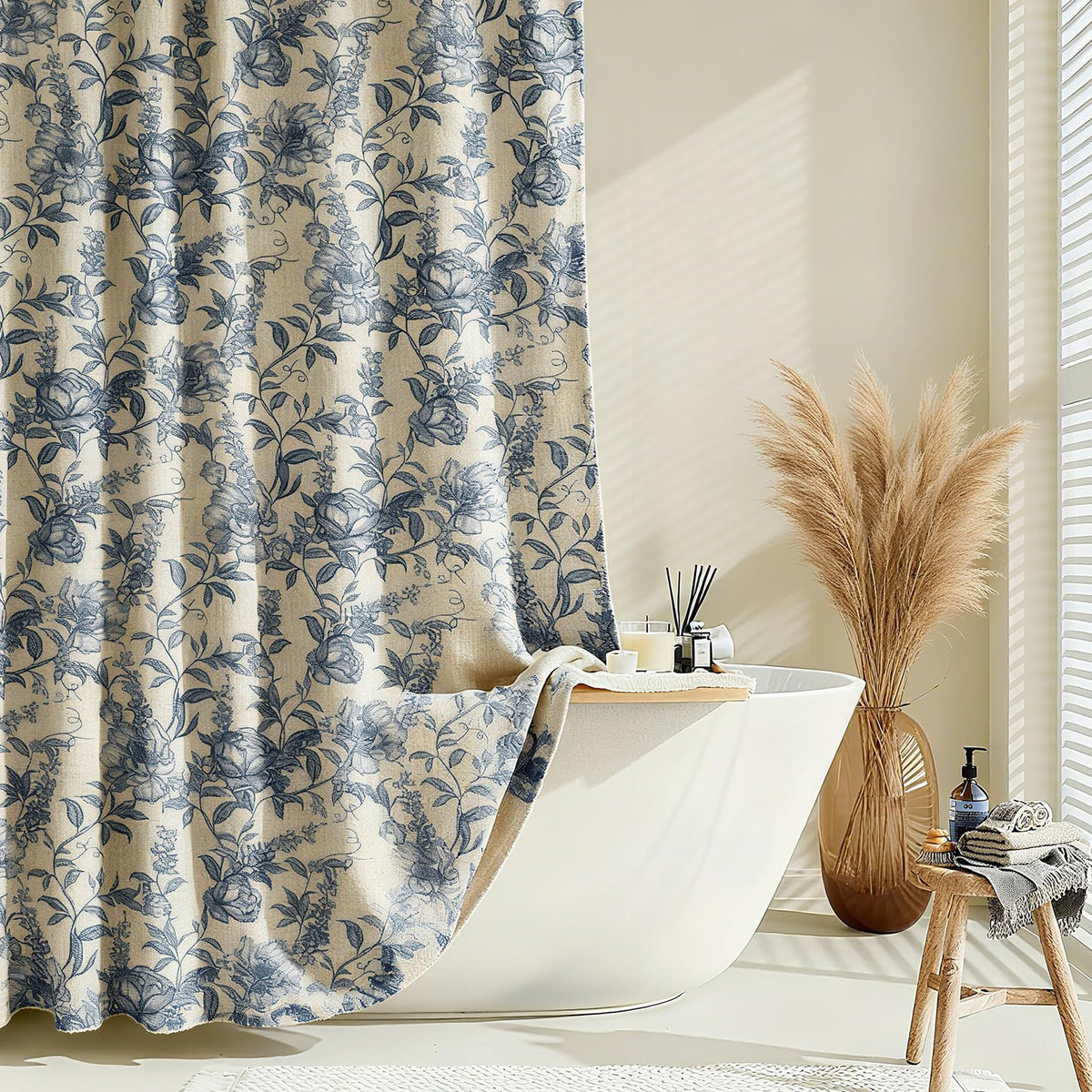 Farmhouse Sage Green Floral Shower Curtain with 12 Clear Rings 72"W x 72"L