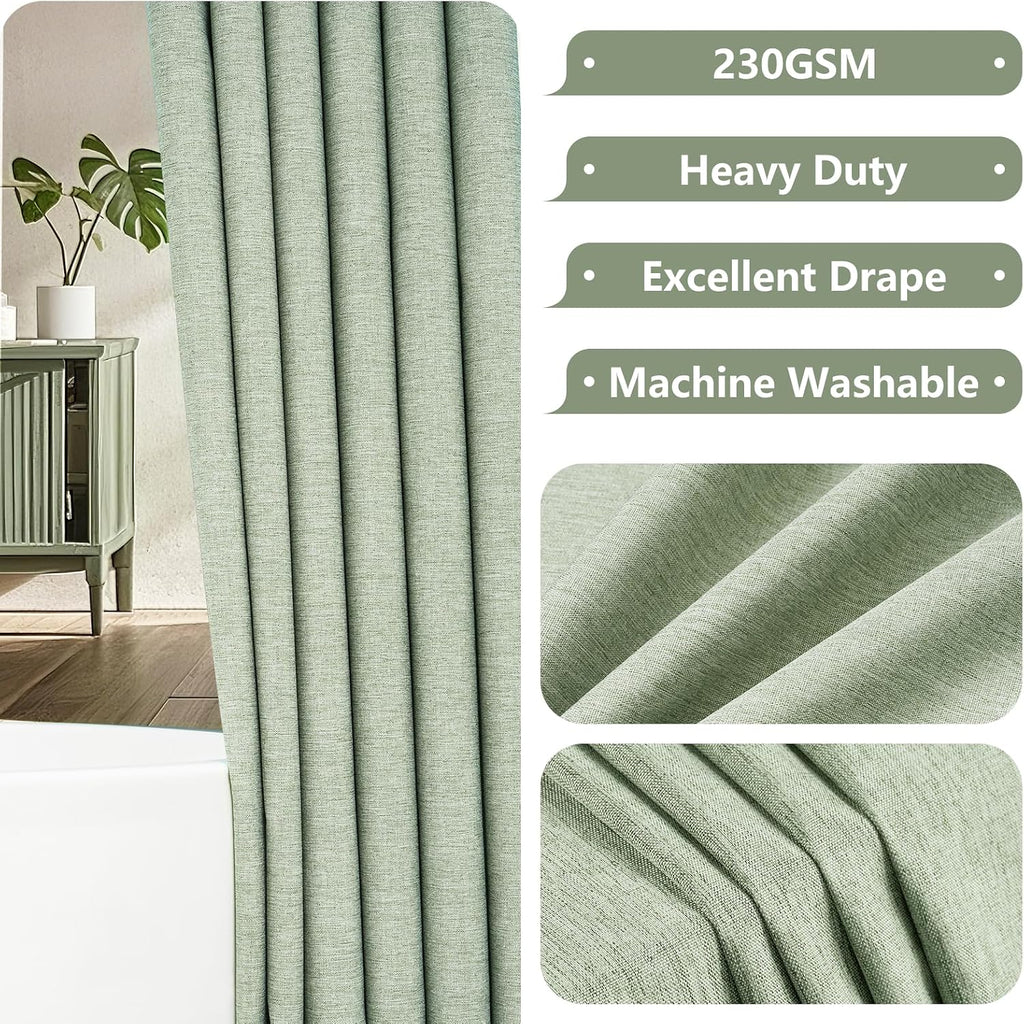 Seenus Natural Sage Green Linen Look Fabric Shower Curtain, Heavy Duty Faux Linen Textured Shower Curtain Water-Resistant, 72 x 72 Inch Soothing Forest Green Farmhouse Bathroom Decor Shower Curtains