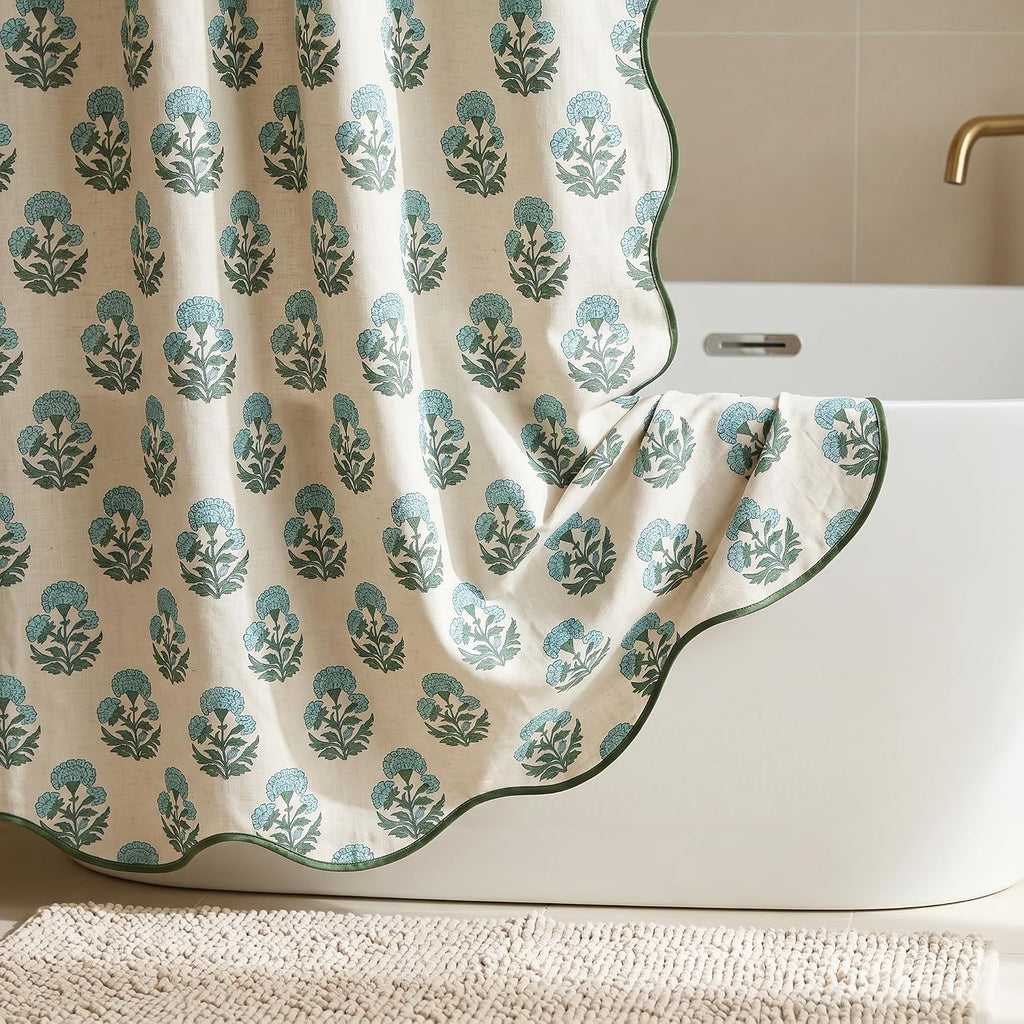 Boomkin Block Print Scalloped Shower Curtain Set with 12 Hooks