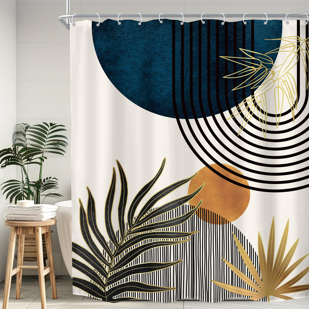 KOMLLEX Mid Century Green Boho Shower Curtain, Abstract Modern Shower Curtains for Bathroom, Plant Botanical Minimalist Leaf Arch Sun Fabric Liner Waterproof Polyester 12 Pack Hooks 60Wx72L Inches