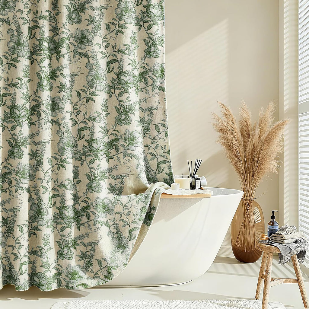Farmhouse Sage Green Floral Shower Curtain with 12 Clear Rings 72"W x 72"L