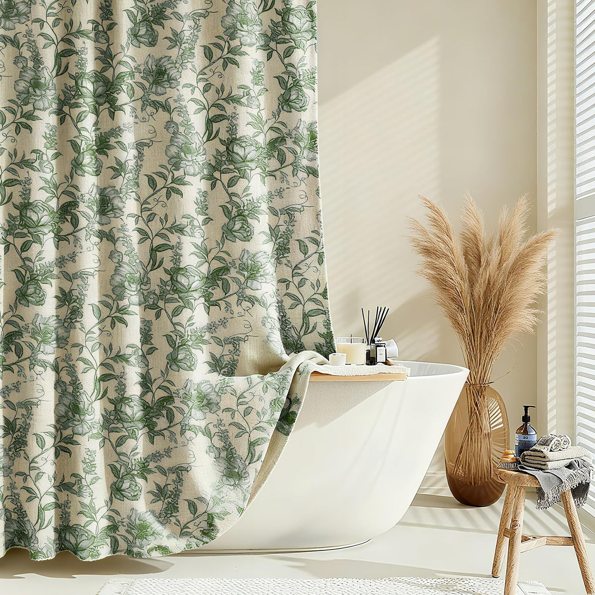 Farmhouse Sage Green Floral Shower Curtain with 12 Clear Rings 72"W x 72"L