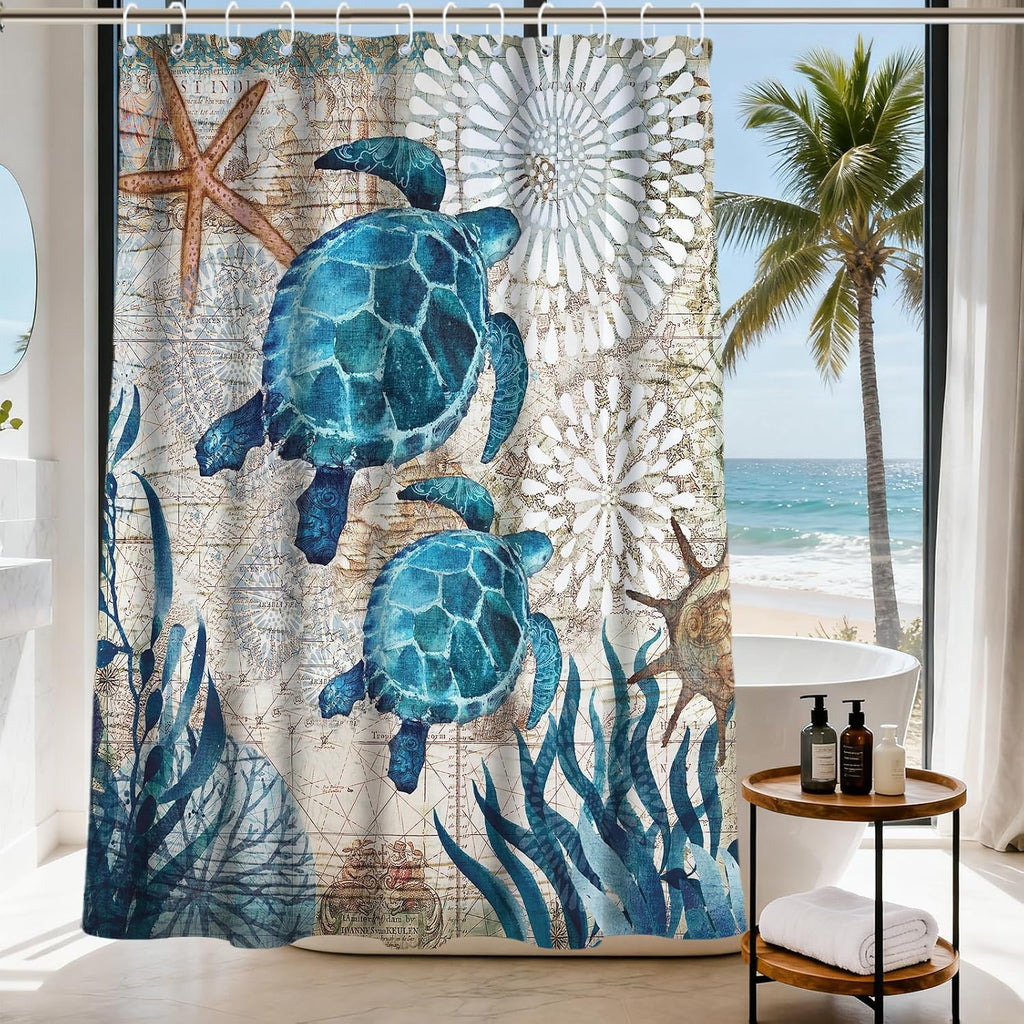 Nautical Green Sea Turtles Beach Theme Fabric Shower Curtain Sets Bathroom Blue Ocean Decor with Grommets and Hooks - 72 x 72 Inch Teal