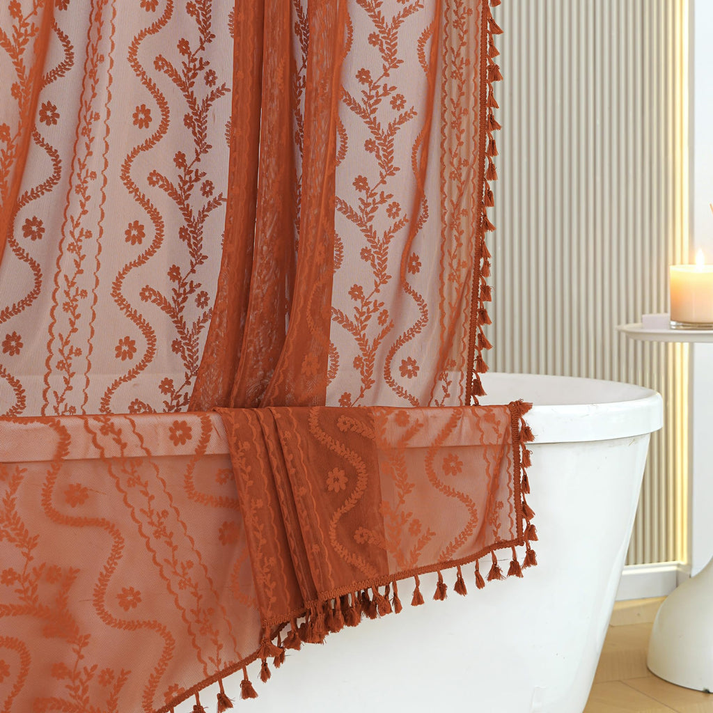WAZZIO Dark Sage Green Lace Shower Curtain,Boho Chic Style,72 x 72 in