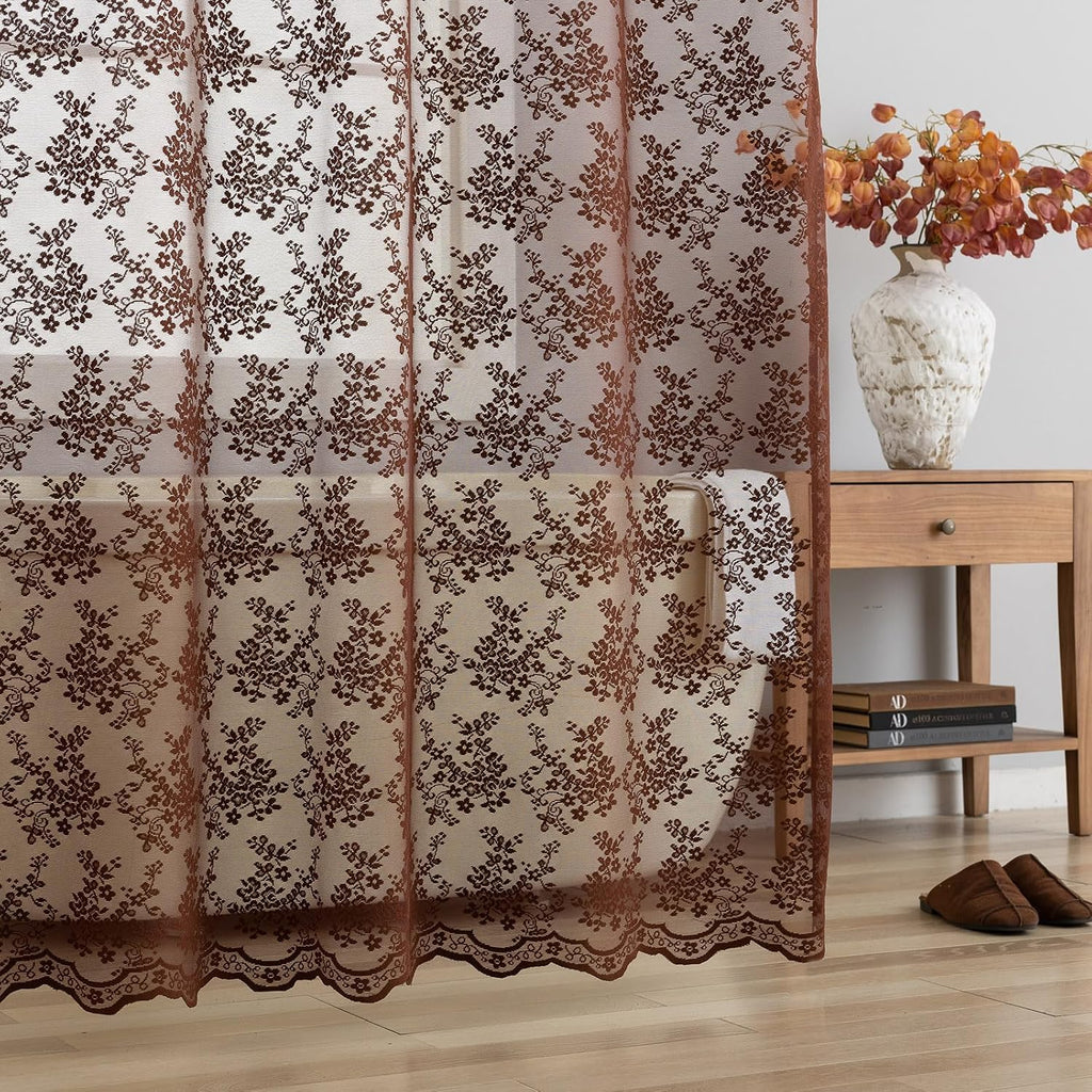 TUDECO Lace Brown Shower Curtain with Attached Valance, 72 x 72 Inch