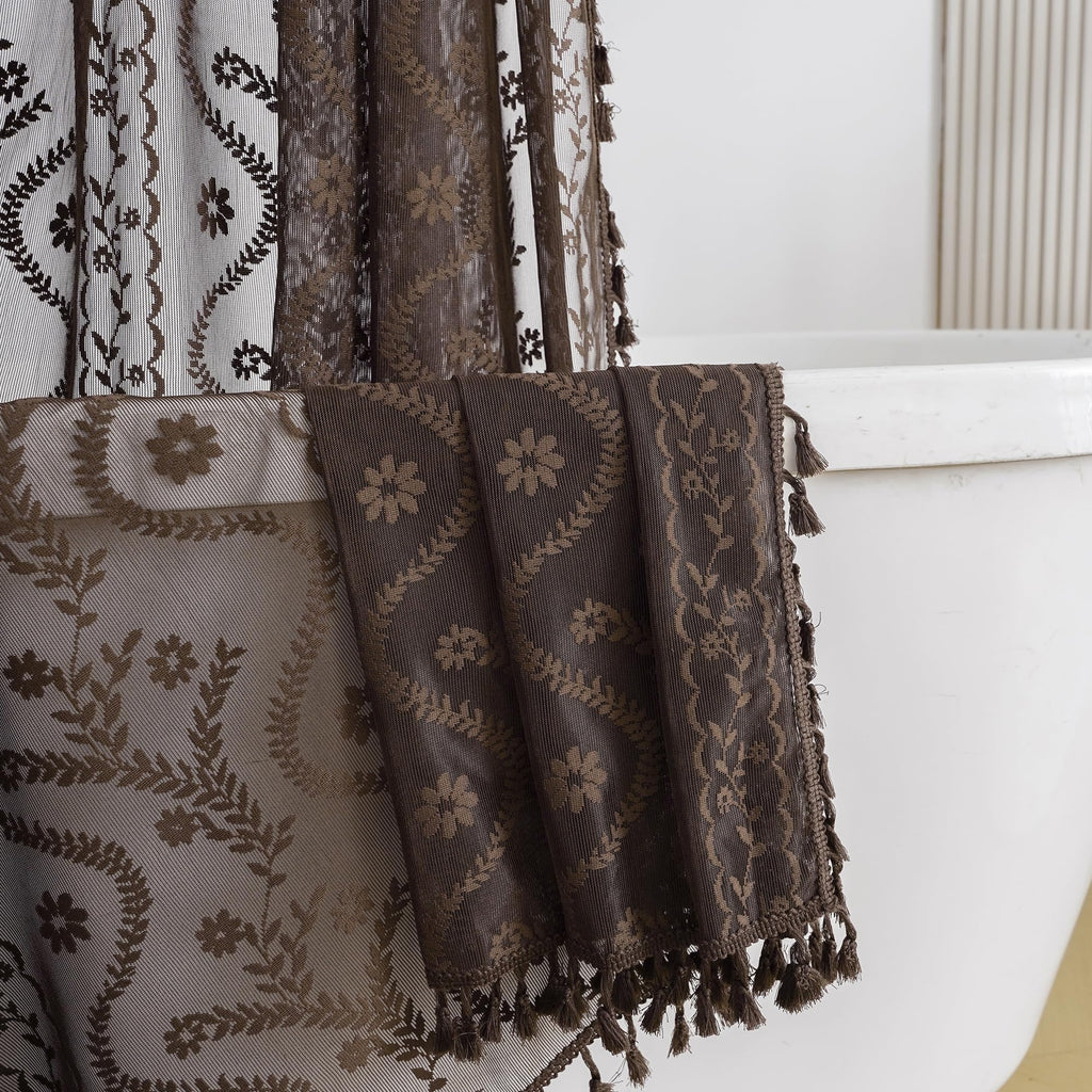 WAZZIO Dark Sage Green Lace Shower Curtain,Boho Chic Style,72 x 72 in