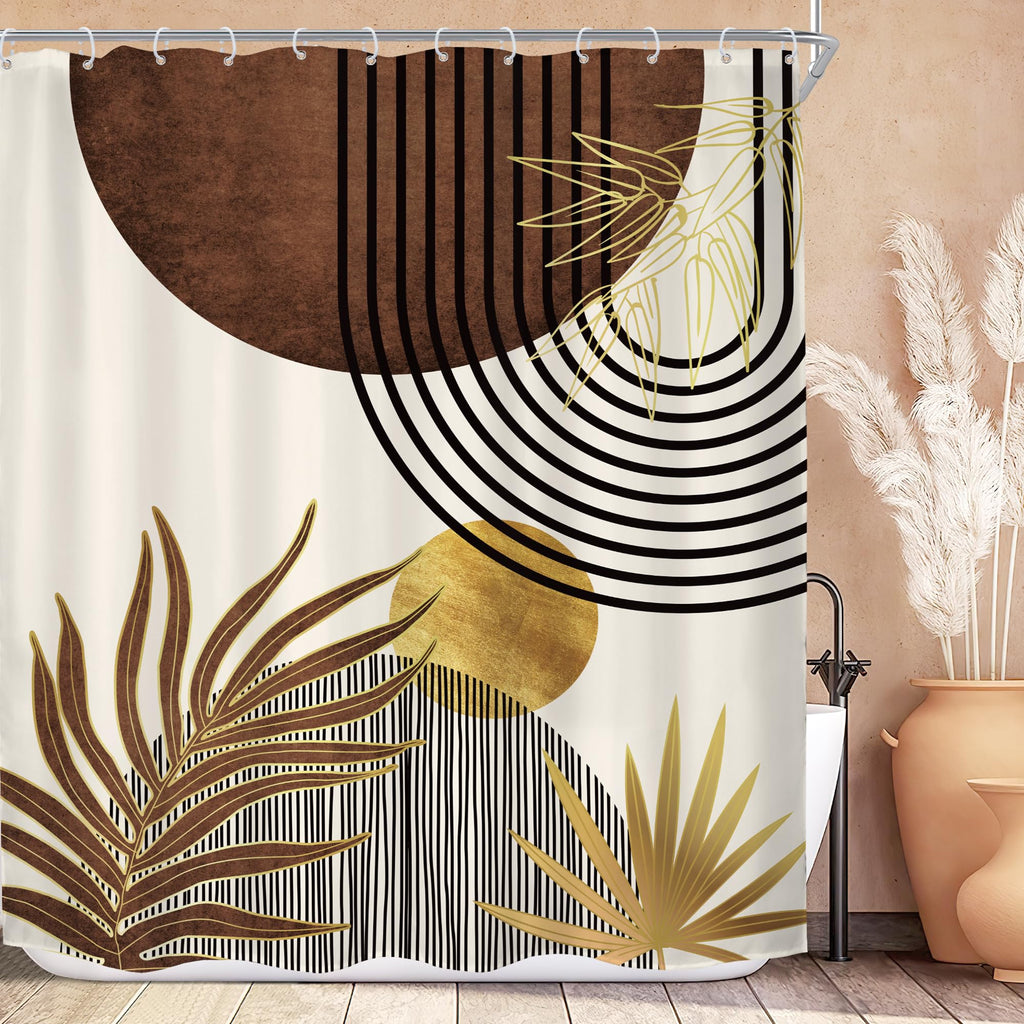 KOMLLEX Mid Century Green Boho Shower Curtain, Abstract Modern Shower Curtains for Bathroom, Plant Botanical Minimalist Leaf Arch Sun Fabric Liner Waterproof Polyester 12 Pack Hooks 60Wx72L Inches