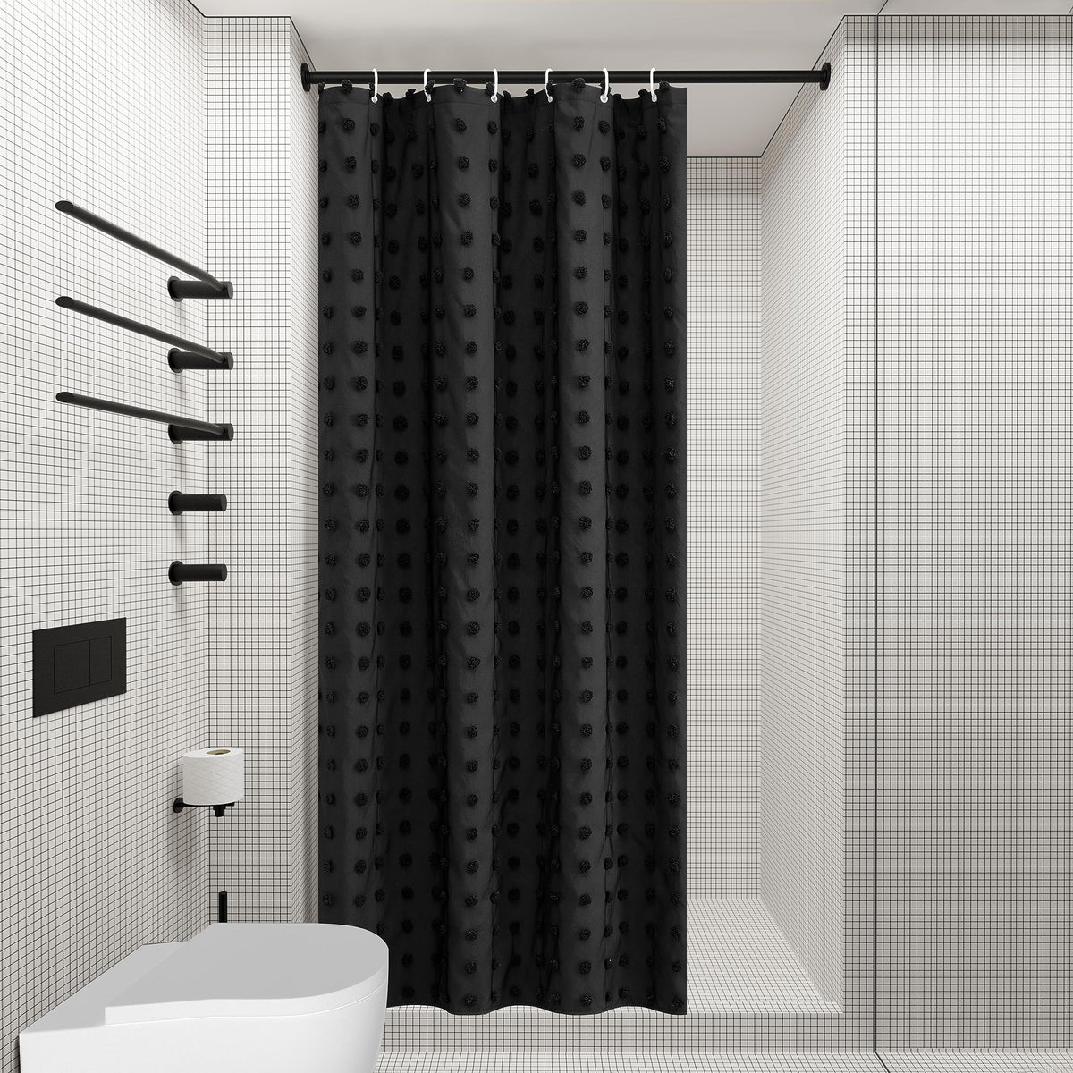 Extra Long Green Boho Shower Curtain Woven Fabric Cute 84 Inch Shower Curtain, 72 x 84 Tufted Pleat Floral Puffs Textured Modern Farmhouse Minimalist Shower Curtain Set with Hooks for Bathroom